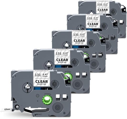5-Pack TZe-131 TZ Tape 12mm 0.47 Laminated Clear Compatible with Brother P Touch Label Tape TZe131 TZ-131 Work with Ptouch PT-H100 D220 D210 PTD400 PTD-600 PTD610BT Label Maker, 1/2 in x 26.2 ft