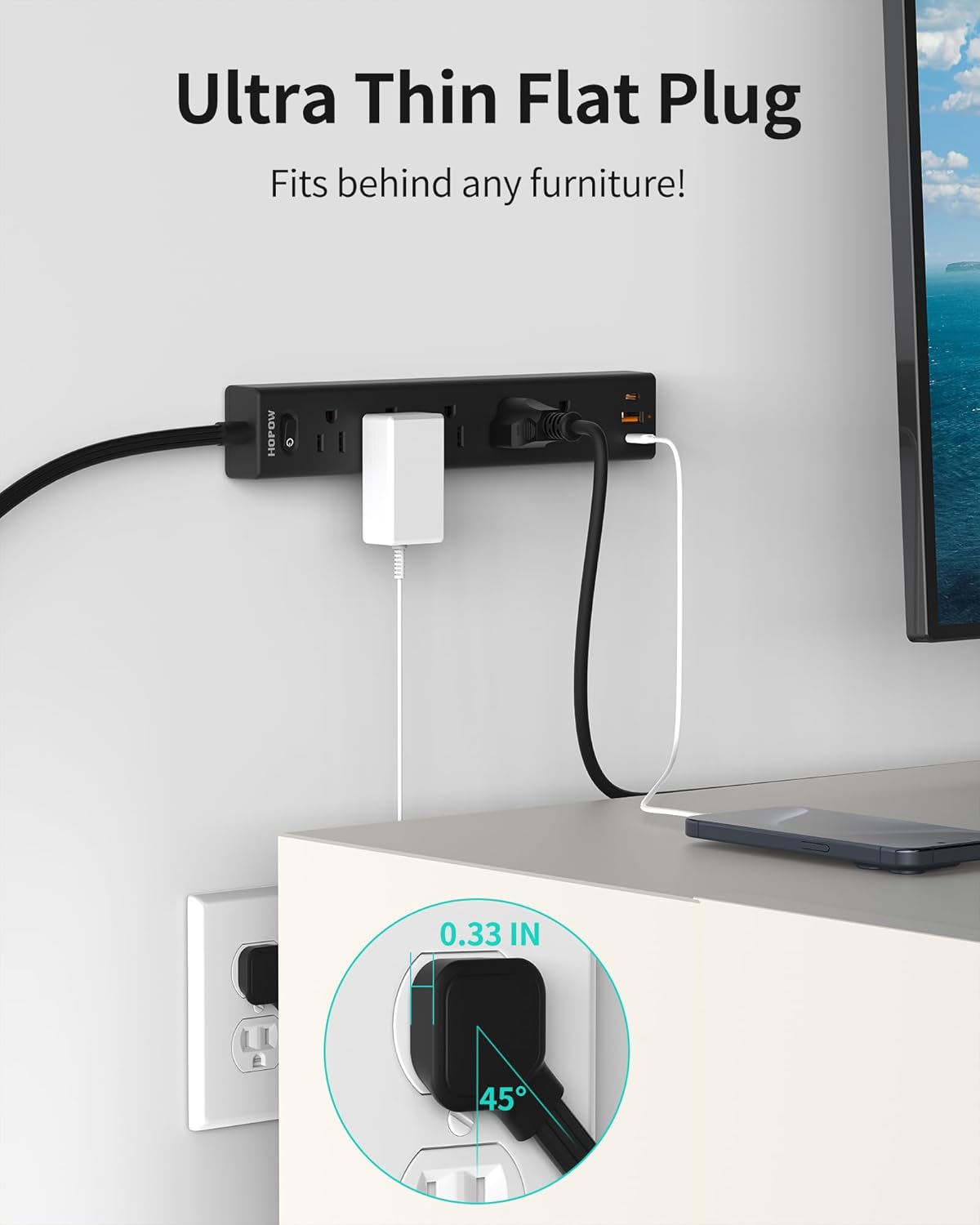 Flat Plug Power Strip, 6 Ft Ultra Thin Extension Cord, Surge Protector with 5 Outlets & 3 USB Ports (2 USB C), 1700 Joules, Wall Mount, Desktop Charging Station for Home Office Dorm, Black