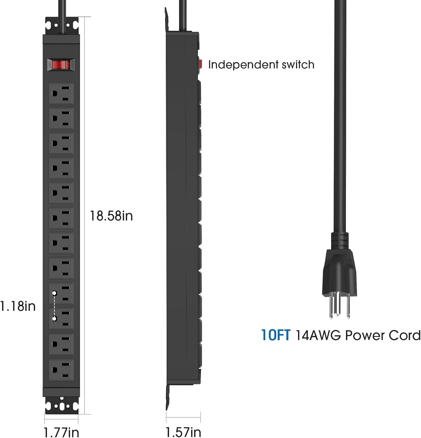 HHSOET Rotating Mountable Power Strip, 12 Outlet Wall Mount Surge Protector, Metal Heavy Duty and Versatile Outlet Strip, Stylish Appearance, Sturdy and Durable, 10ft Power Cord.(Black)