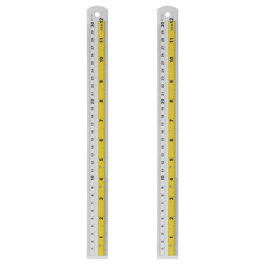 HARFINGTON 2pcs Metal Straight Ruler 30cm Metric SAE Aluminum Alloy Measuring Rulers Scale Tool with Hole for Measure Study Reading Classroom Office, Yellow