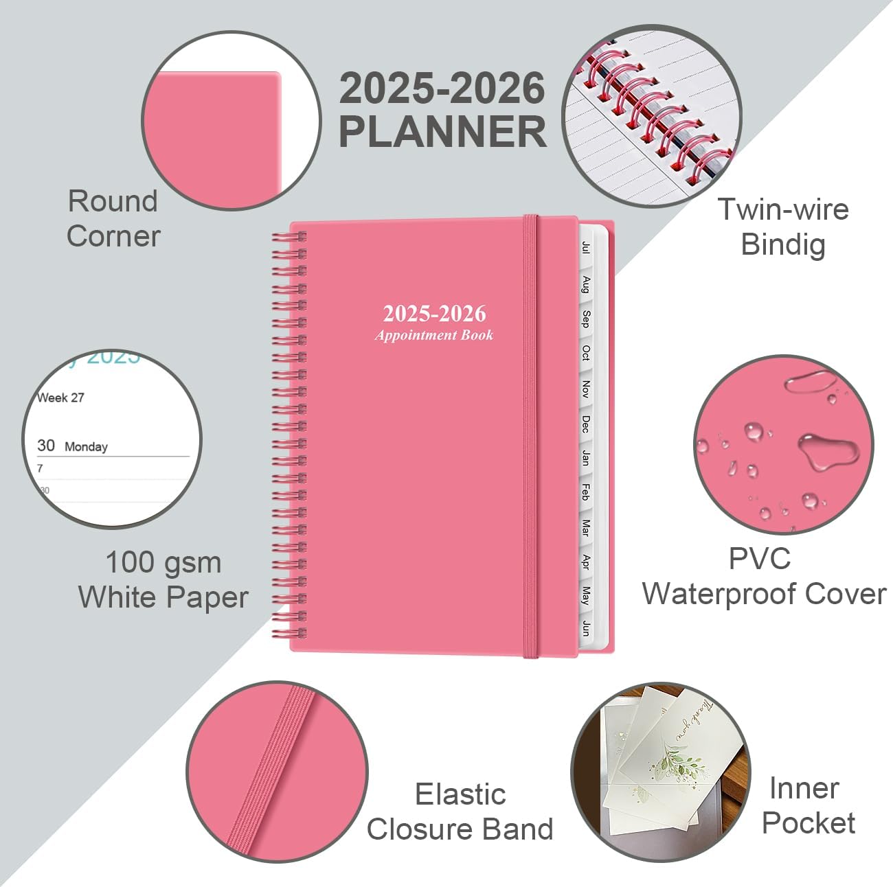 2025-2026 Appointment Book & Planner - Hourly Planner from July 2025 - June 2026, Weekly Appointment Book 2025-2026 with 30-Minute Interval, 6.4" x 8.5", Pink