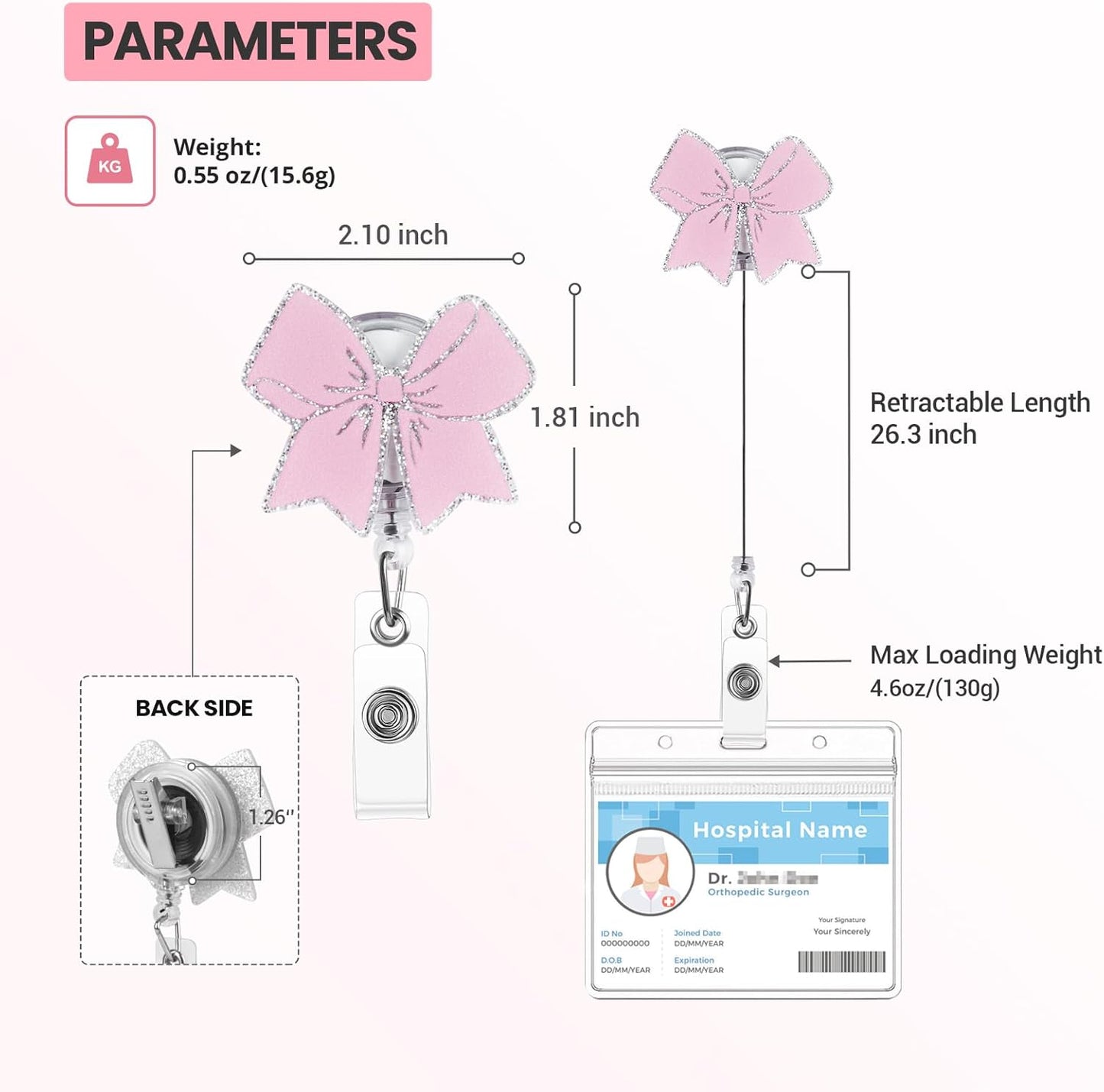 Cute Badge Reel, Pink Bow Badge Holder, Nurse Name Badge Reel with Retractable Clip, Medical Worker ID Card Holders, Pediatric Nursing Accessories for Nurse Doctor Student Teacher Office