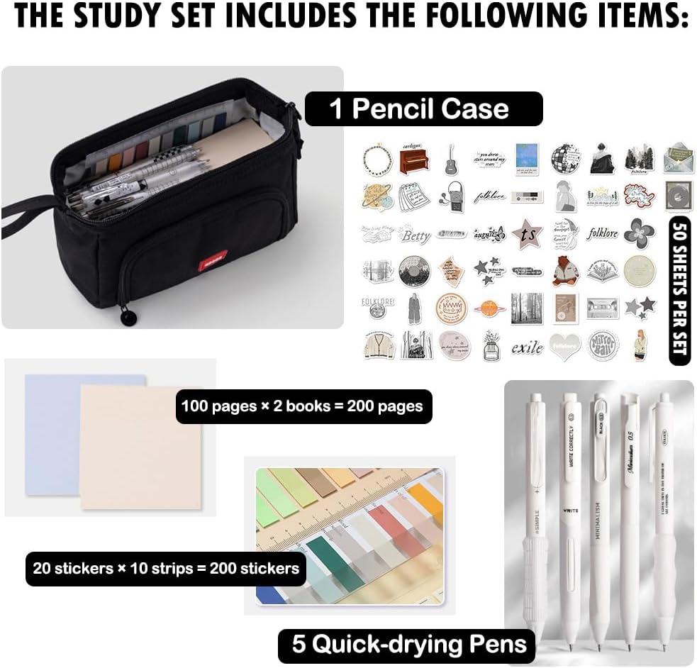 HVOMO Stationery Set,1 large-capacity pencil case,5 quick-drying pens,50 waterproof stickers,2 sticky note pads(200 sheets),1 set of 10-color index labels (200 sheets),Student stationery gift (Black)