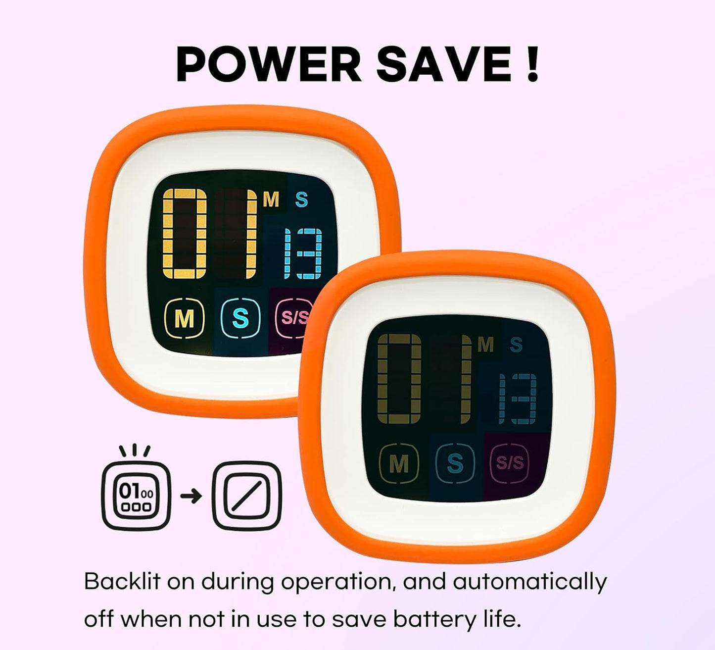 Digital Kitchen Timer, Countdown, Countup, Protective Rubber case, Large Display with Color Bold Digits, Touch Control, Backlit, Magnetic Kickstand, Loud Alarm, Auto Memory (Orange)