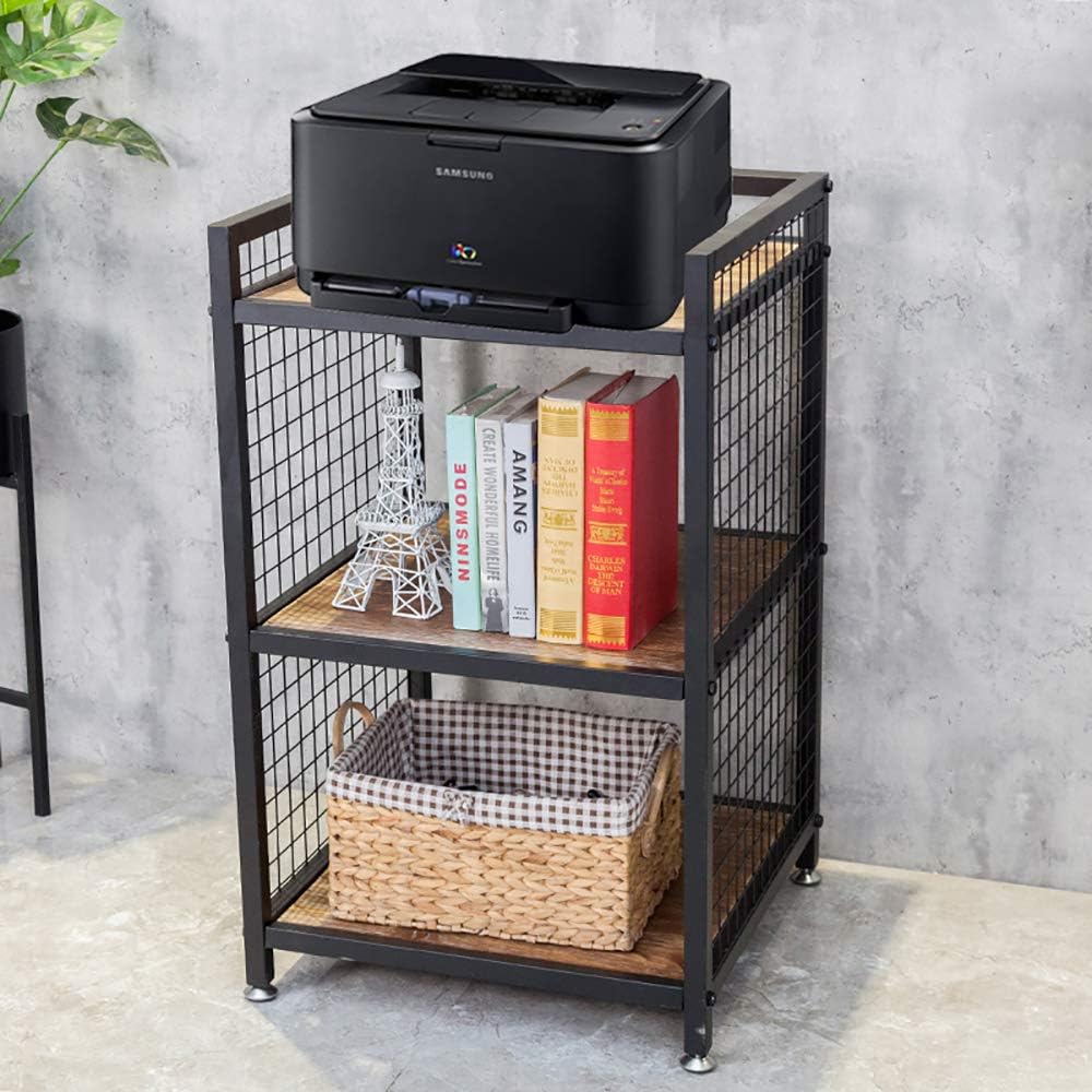 Industrial 3-Shelf Printer Stand, Rustic Printer Cart with Wheels, Large Printer Desk Cart with Storage Shelves, Office Organizer for Home, Living Room, 19.3'' x 19.3'' x 34.8''