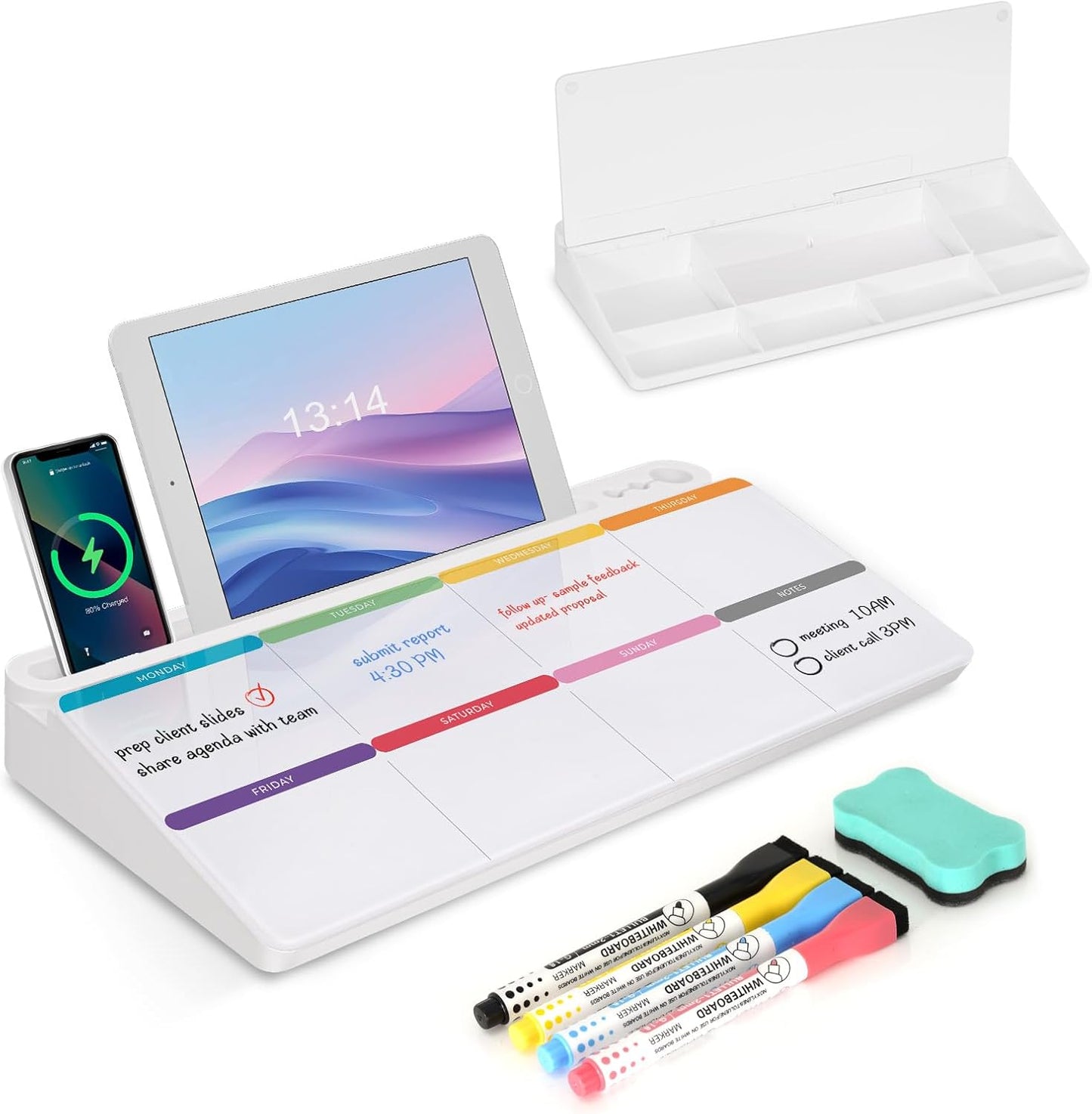 Desktop Glass Whiteboard with Storage, Colorful Weekly Calendar Desk Dry Erase White Board, Desk Organizers and Accessories, Weekly Planner Board with Notes for Planning, Memo, Office, Home, School
