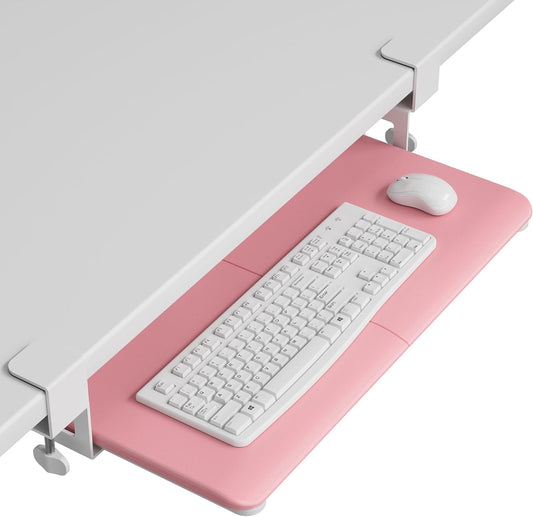 BONTEC KMT01 Under Desk Keyboard Tray, Pull-Out Keyboard & Mouse Platform with C-Clamp, 25.6 x 11.8 in Space-Saving Ergonomic Slide-Out Drawer, Pink