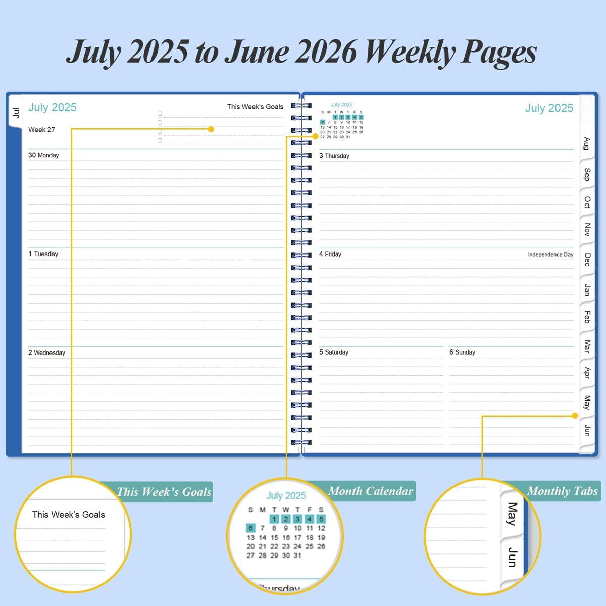 2025-2026 Planner - Academic Planner 2025-2026 from July 2025 to June 2026 with 12 Monthly Tabs, Flexible Cover, Inner Pocket, 8.5" x 11", Blue
