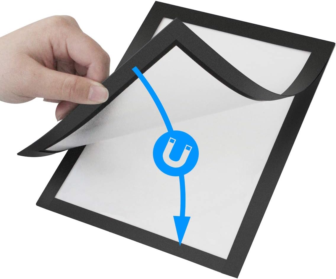 Document Sign Holder Pockets with Magnetic Back, Plastic Poster Picture Notice Display Frame for Fridge/Whiteboard/Chalkboard/Cabinet, 8.5 x 11.6 Inches, Black, 6 Pcs