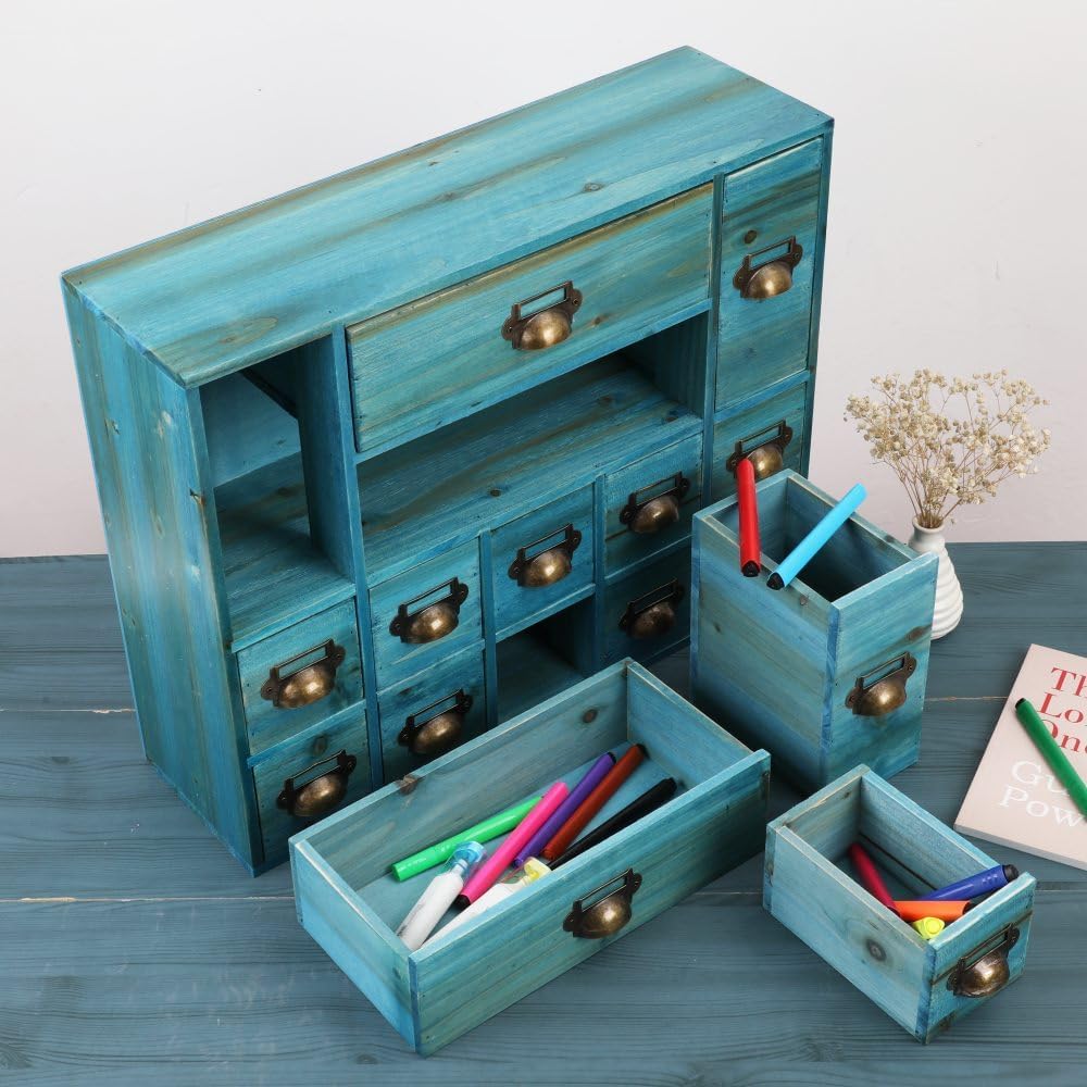 Apothecary Drawers Card Catalog Cabinet with 14 Drawers Wooden Card Catalog Wooden Storage Box for Desktop Organizer (Blue)