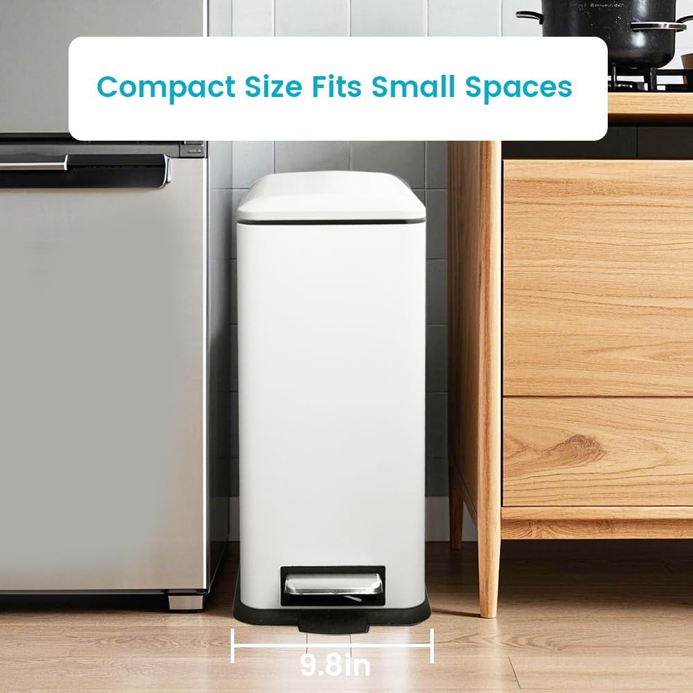 8 Gallon Slim Trash Can with Soft Close Lid, Stainless Steel Trash Can with Removal Inner Bucket, Hand -Free Trash Bin for Kitchen, Office, Laundry, Bathroom, 30 Liter Capacity, White