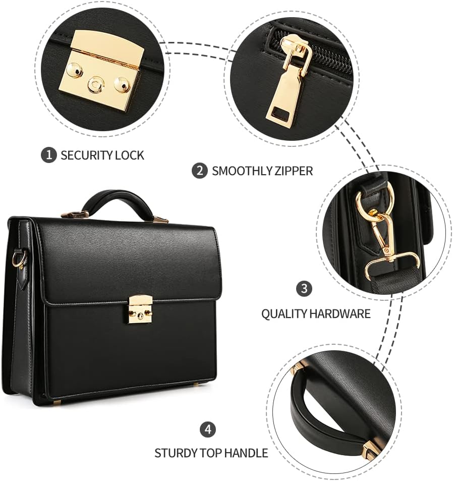 Briefcases for Men Business Mens Leather Briefcase Locking Black Laptop Messenger Bag Lawyer Hard Case
