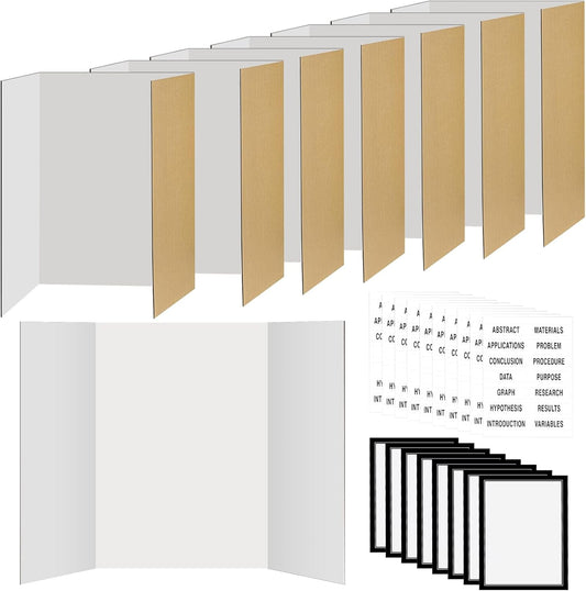 8 Pack 36"x48" Large Trifold Poster Display Board with Headers,White Foldable Presentation Paper Board with 8 Science Subtitles and 64 Self-Adhesive for School Science Business Project Display