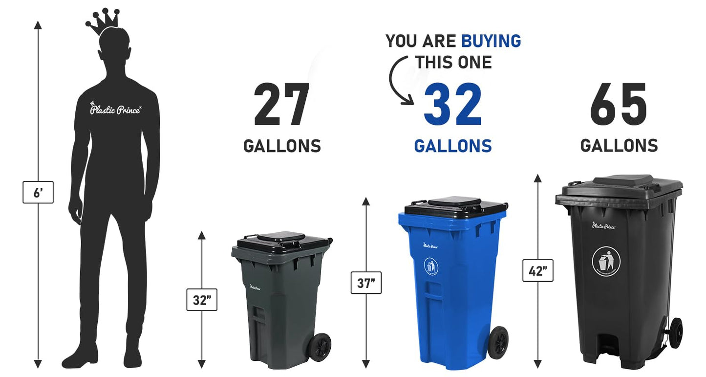 32 Gallon Recycling Rollout Trash Can with Lid, Commercial Heavy-Duty Wheeled Outdoor Garbage Can, Blue 2 Pack