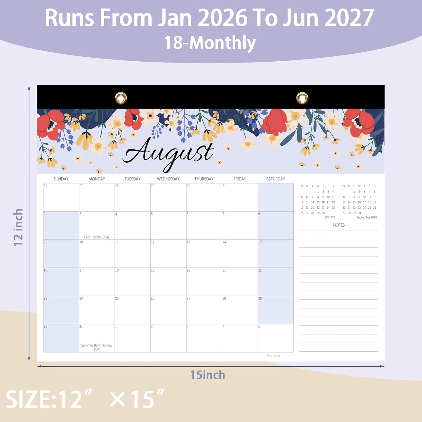 Calendar 2026-2027, Monthly Desk Calendar from July 2026 to December 2027, 15" x 12", Large Desktop Calendar Monthly, Perfect for Home or Office, Floral
