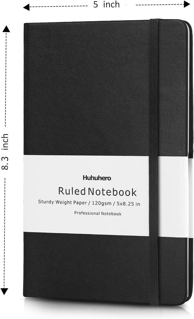 Huhuhero 10 Pack Lined Journal Notebook, 120Gsm College Ruled Thick Paper Journals for Writing, Hardcover Notebooks for Work School Business Note Taking Women Men, 5"×8.25" (10, Black)