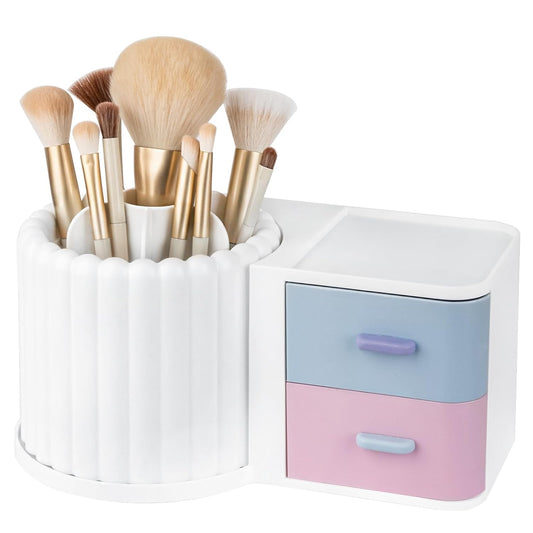 Anyoifax 360 Rotating Makeup Brush Holder 7 Slots Makeup Organizer with Drawer Removable Spinning Cosmetic Storage Pen Holder for Vanity, Dresser, Desk, Colorful