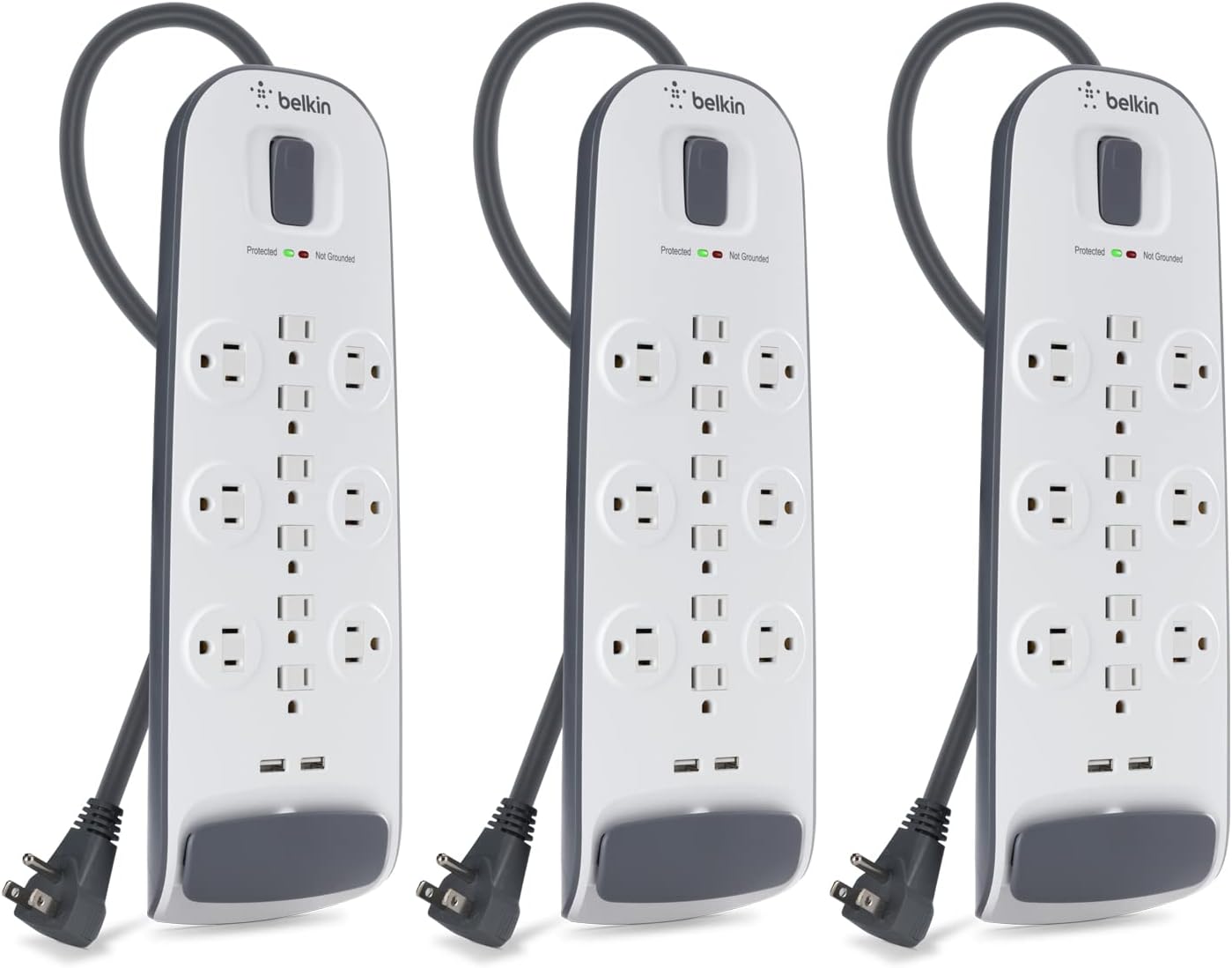 Belkin 12-Outlet USB Power Strip Surge Protector, Flat Plug, 6ft Cord (3,996 Joules), White - Pack of 3