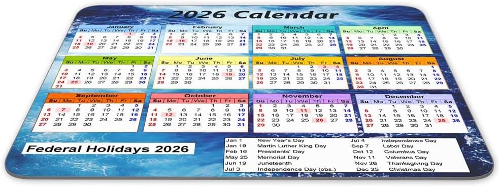 Calendar Mouse pad, 2026 Ocean Wave Background Calendar Natural Rubber Mouse Pad, Quality Creative Gaming Rectangle Mouse Personalized Desk Mouse Pad 9.5 inch x 7.9 inch
