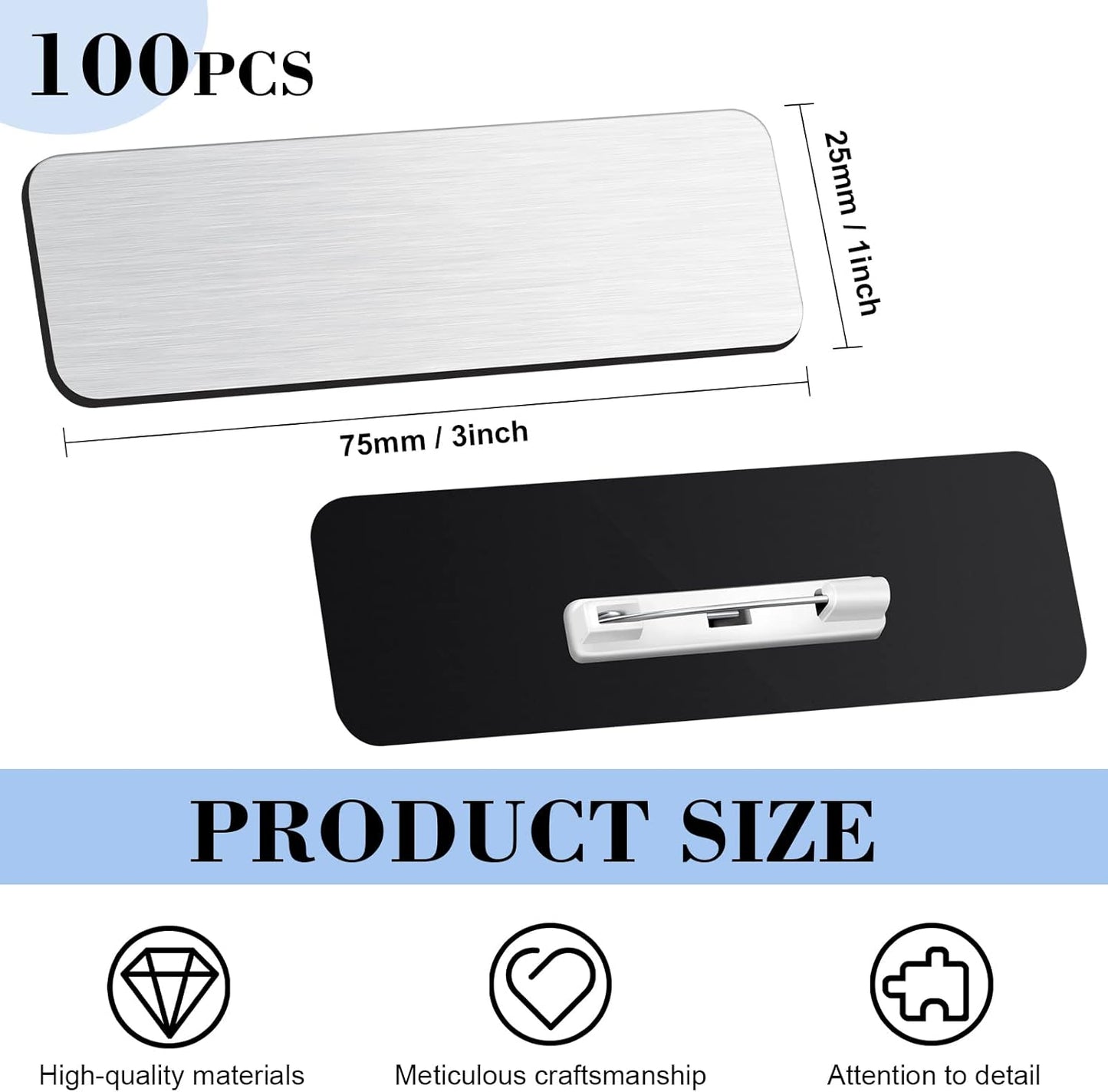 Breling 100 Pieces Name Tags with Pins 1 x 3 Inches Blank Name Tags Reusable ID Badge Holders with Clip for Office Workers Students Employee Custom(Silver and Black)