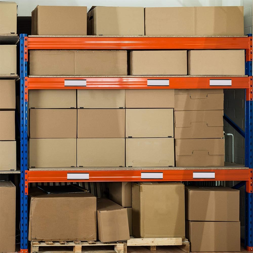 50 Pack C-Channel Magnetic Label Holders (1.6″ x 4″) with Paper Inserts & Clear Covers – Durable Magnetic Shelf & File Cabinet Labels for Metal Surfaces