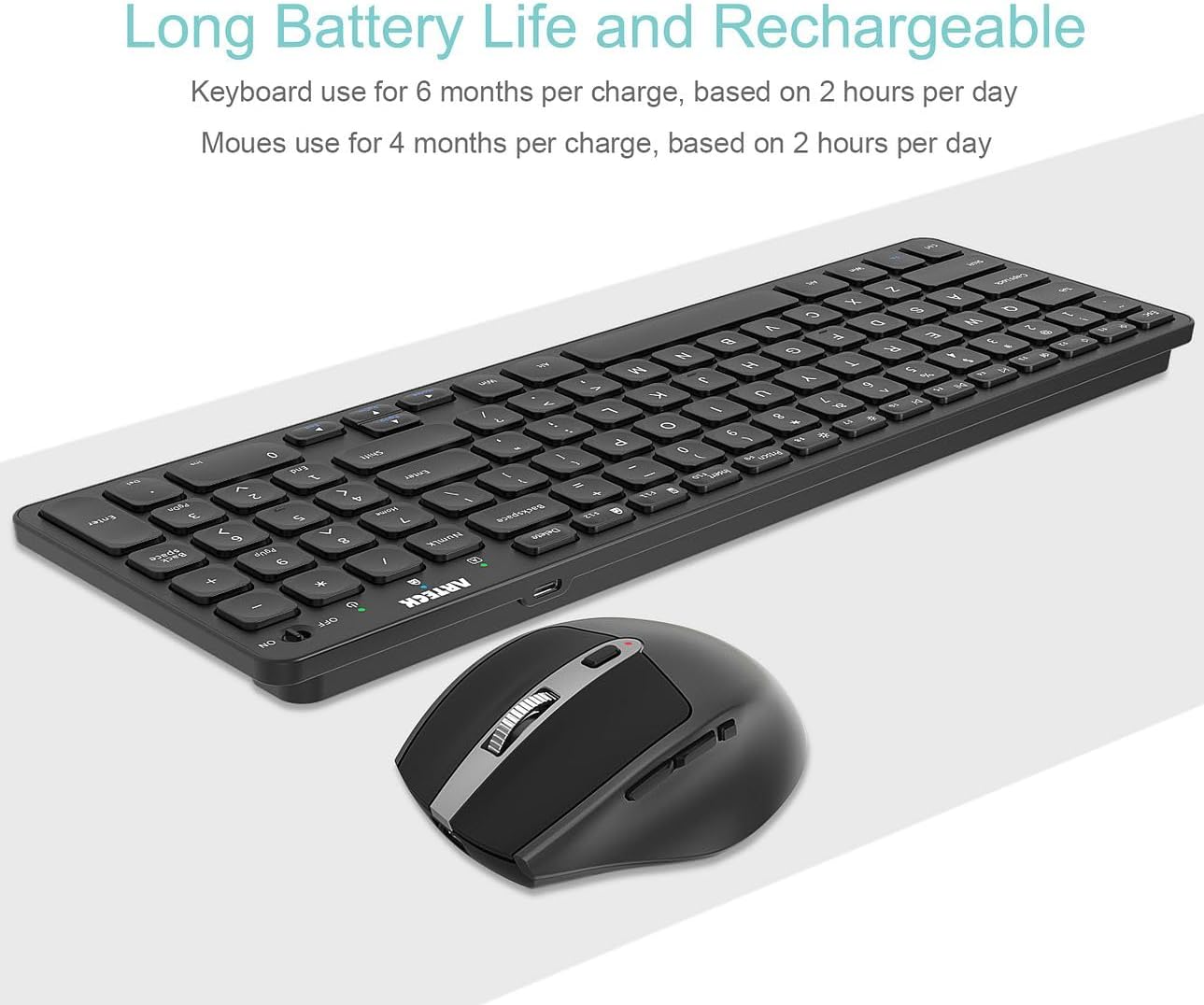 Arteck 2.4G USB Wireless Keyboard and Mouse Combo Ultra Slim Compact Keyboard and Ergonomic Mouse for Computer Desktop PC Laptop and Windows 11/10/8/7 Build in USB-C Rechargeable Battery