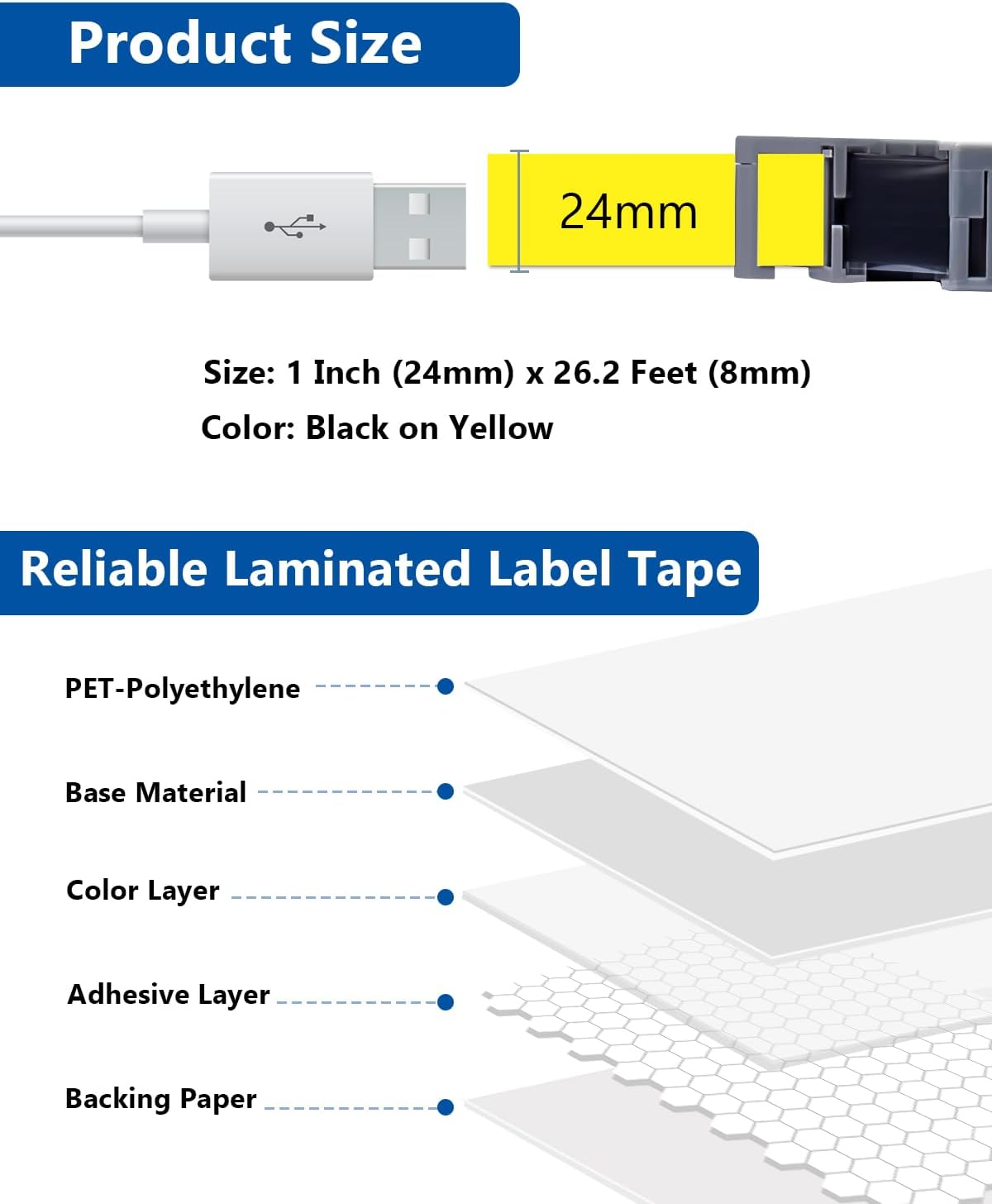 24mm 0.94 Laminated Black on Yellow Compatible with P Touch Label Tape TZ TZe-651 TZe651 Refills for Ptouch PT-D600 PT-D600VP PT-D610BT Label Maker, 1 in x 26.2 Ft, 3-Pack