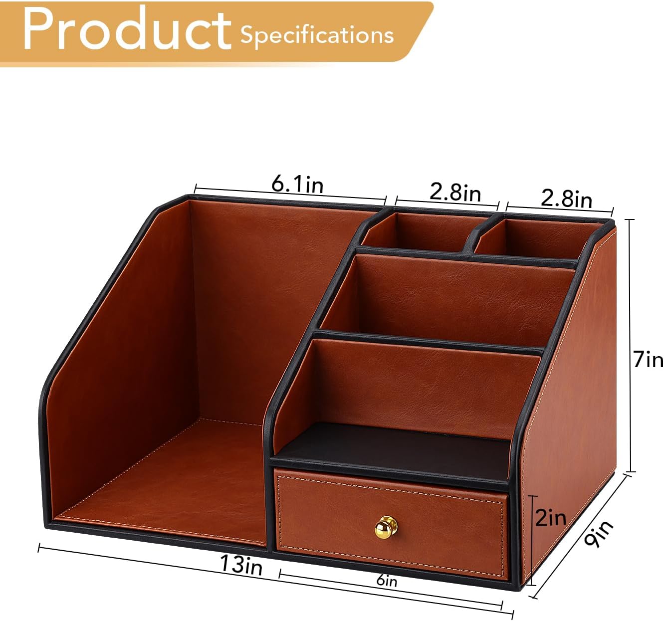 GORESE PU Leather Desk Organizer with Magazine File Holder, Drawer and 4 Compartments, Office Workspace Organizers and Accessories, Large Desktop Organization with File Rack Pen Holder - Tan Brown