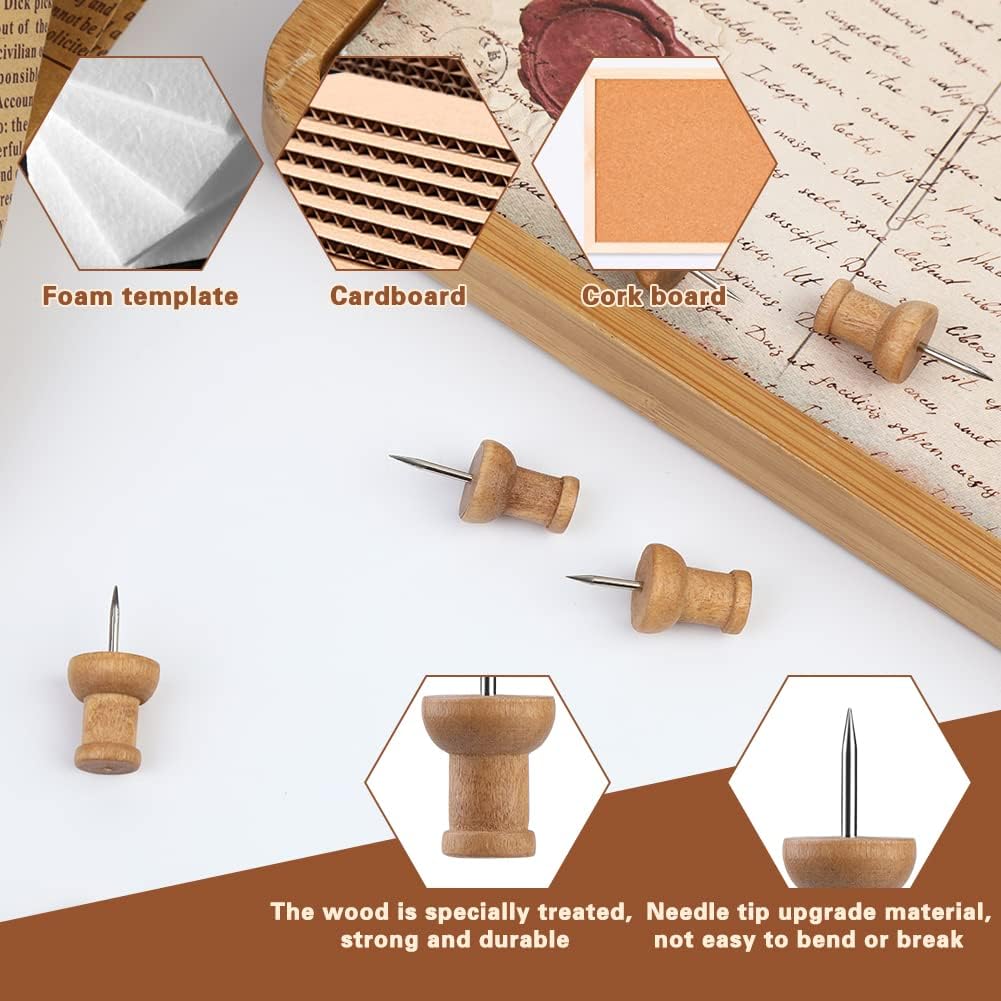 150 Pcs Push Pins for Cork Board, Decorative Thumb Tacks Wooden Push Pins Head Pin Wood Map Tacks Marking Pin, Wood Thumb Tacks Decorative for Bulletin Boards Craft Projects with Storage Box, Coffee