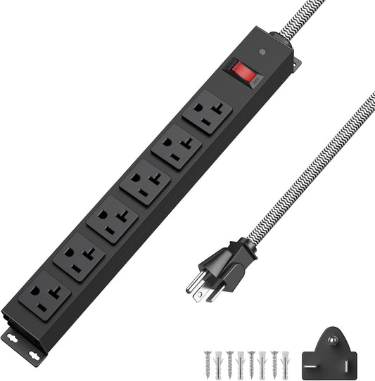 HEZI 20 Amp Power Strip with 5-20P/T- Plug, Heavy Duty High Amp Metal Surge Protector, Mountable Industrial Power Strip with 6AC Outlets(5-20R) and Circuit Breaker, 6FT 12AWG Extension Cord