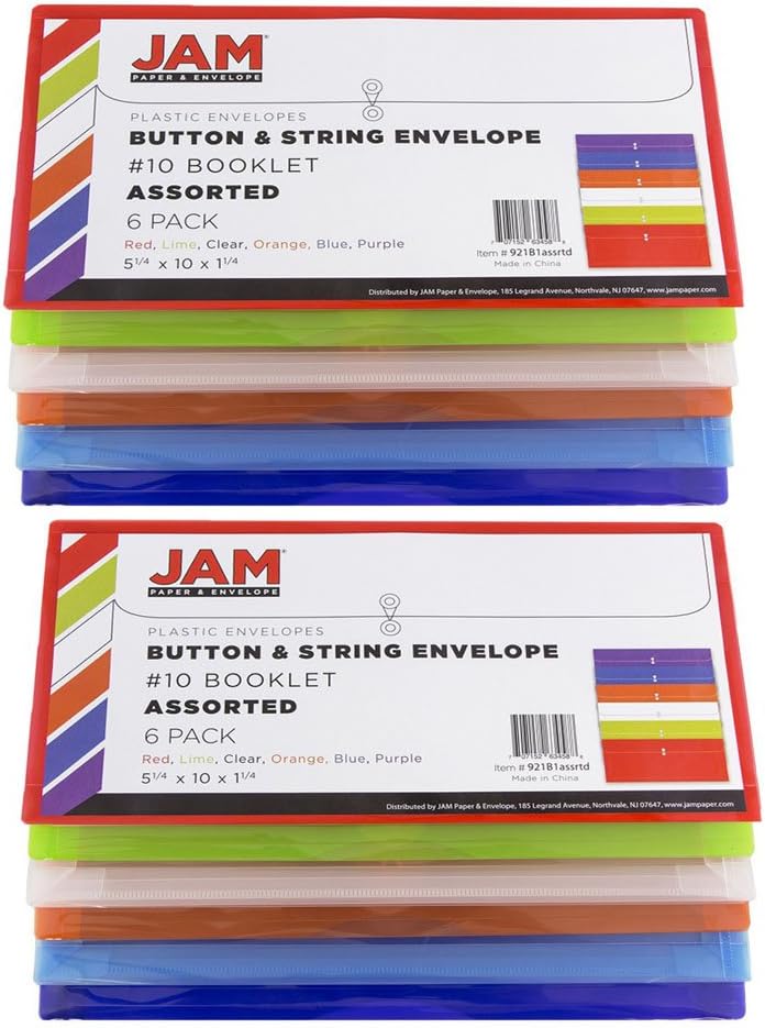 JAM PAPER Plastic Envelopes with Button & String Tie Closure - #10 Business Booklet - 5 1/4 x 10 - Assorted Colors - 12/Pack