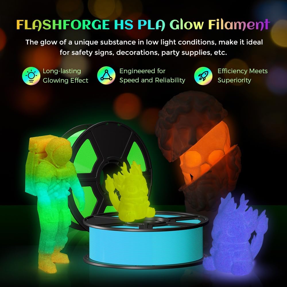 FLASHFORGE Glow in The Dark Rapid PLA Filament 1.75mm, High Flow Speedy 3D Printer Filament Luminous Blue, Max 500mm/s High-Speed Printing, High Brightness and Long-Lasting Glowing Effect