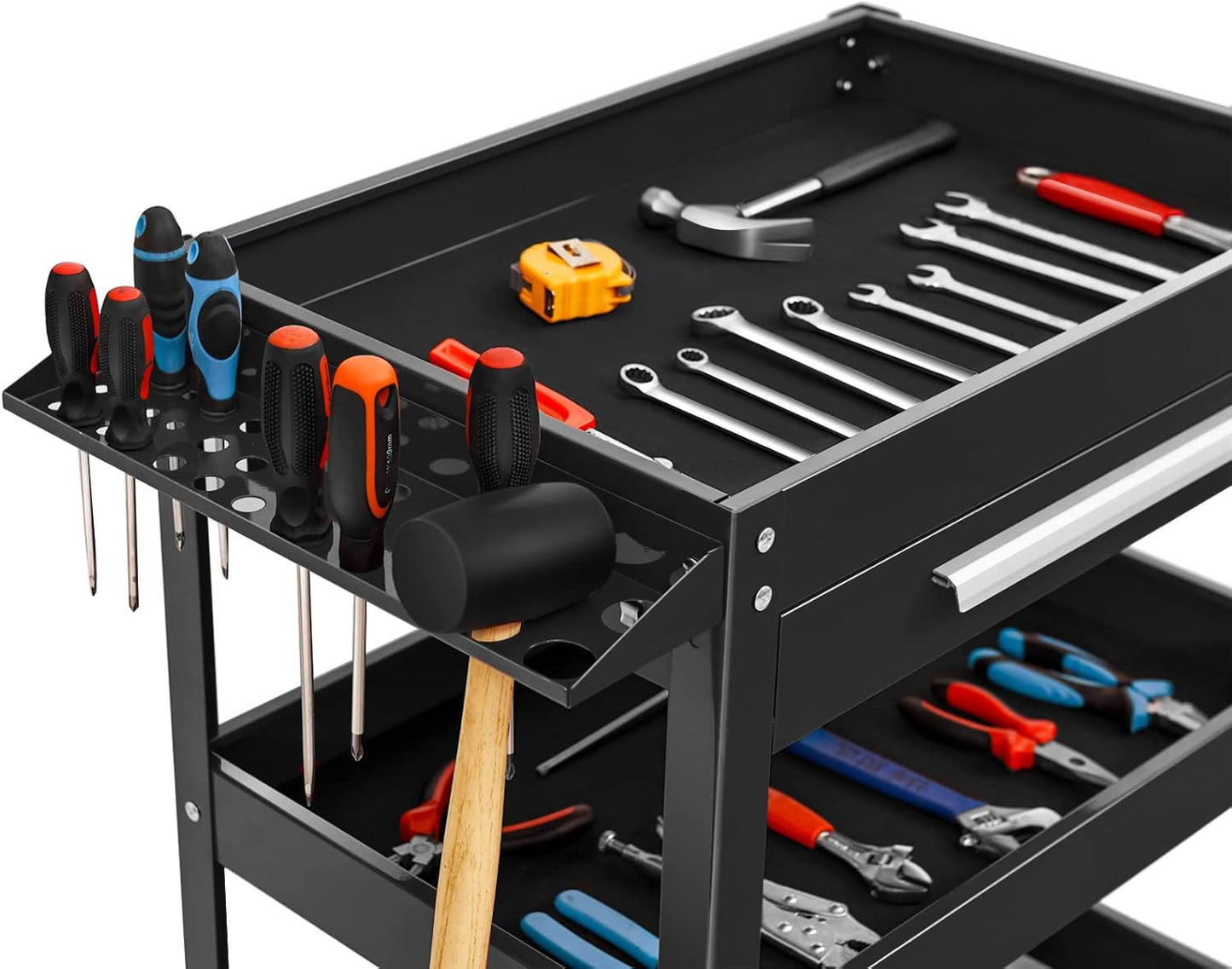 ERGOMASTER Metal Service Utility Cart with Wheels - 500LBS Tool Cart Heavy Duty Rolling 3-Tier Storage Organizer, for Garage Industrial Cart -Black