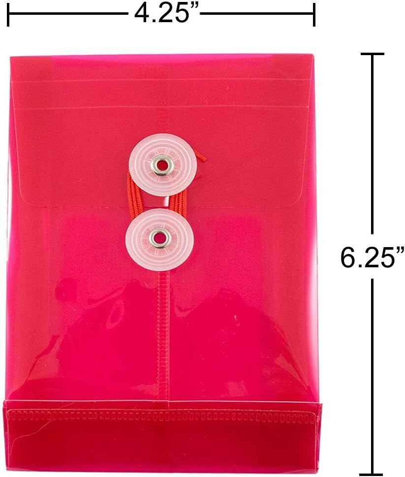 JAM PAPER Plastic Envelopes with Button & String Tie Closure - 4 1/4 x 6 1/4 - Pink - 12/Pack