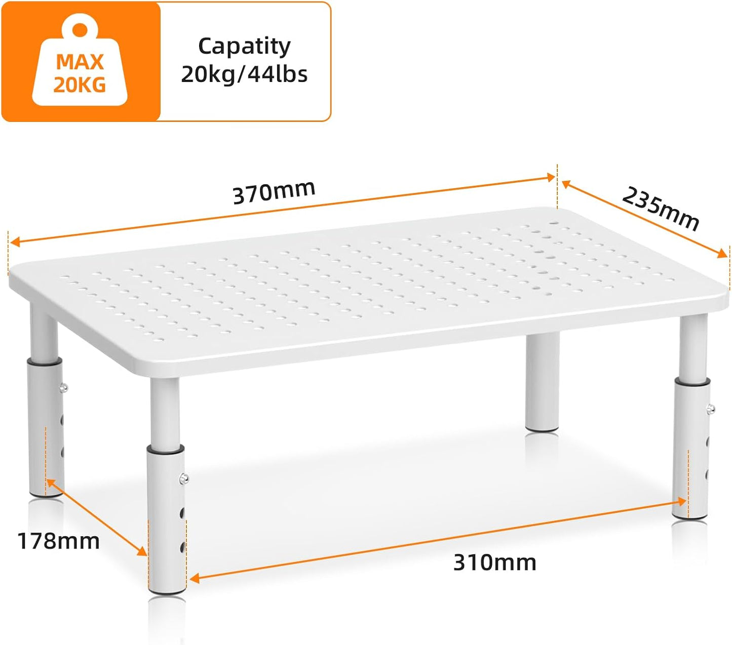 Bracwiser Monitor Stand Riser, Metal Computer Stand, 3 Height Adjustable Screen Riser with Mesh Platform for PS4, Laptop, Printer, Notebook and All Flat Screen, Holds Up to 20KG,White