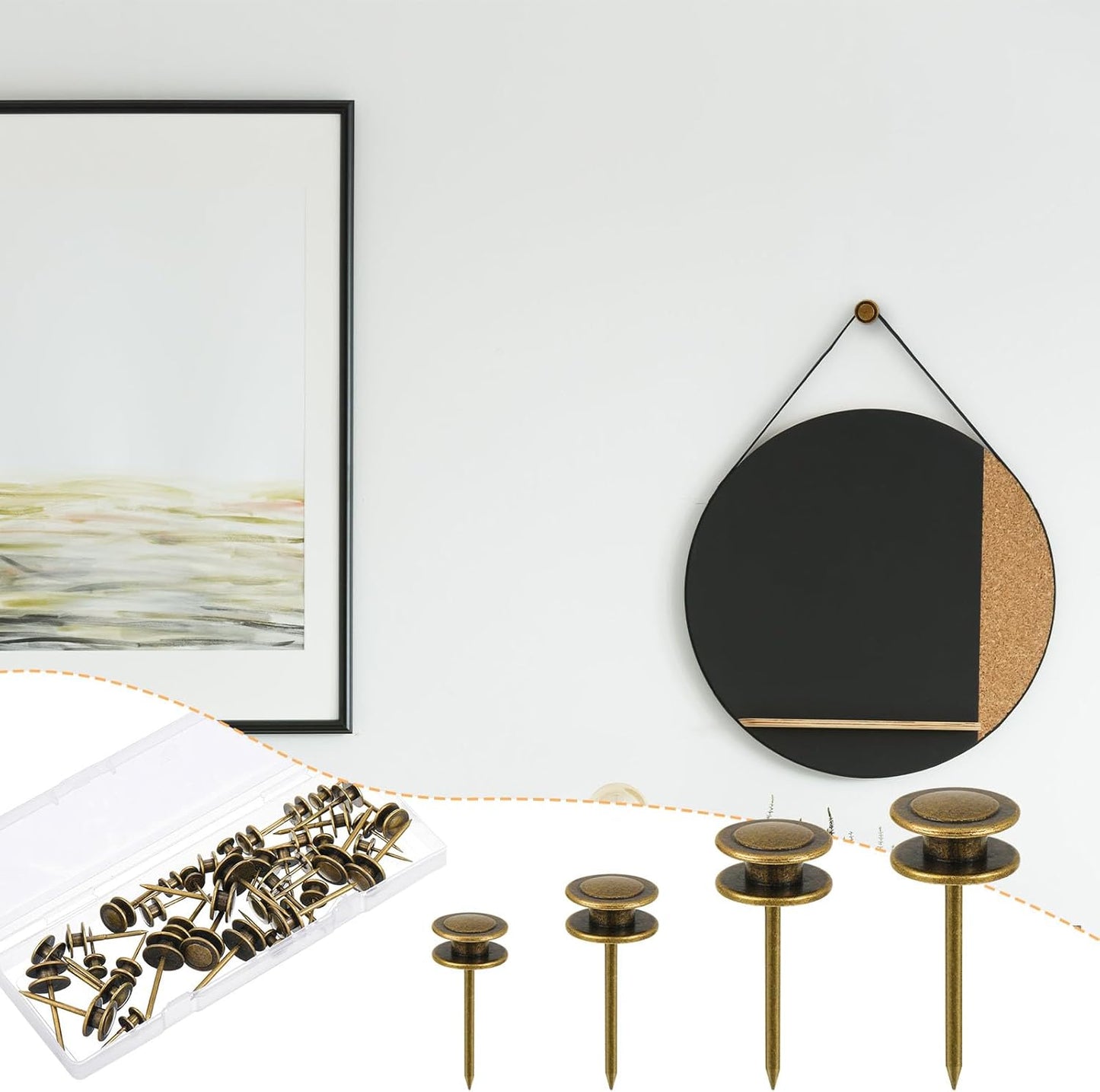 Ferraycle 40 Piece Double Headed Picture Hangers Nails 4 Size Long Thumb Tacks for Wall Hanging Decorative Nails Push Pins Picture Hooks for Drywall Photo Decor, 10/20/ 30/ 50lb(Bronze)