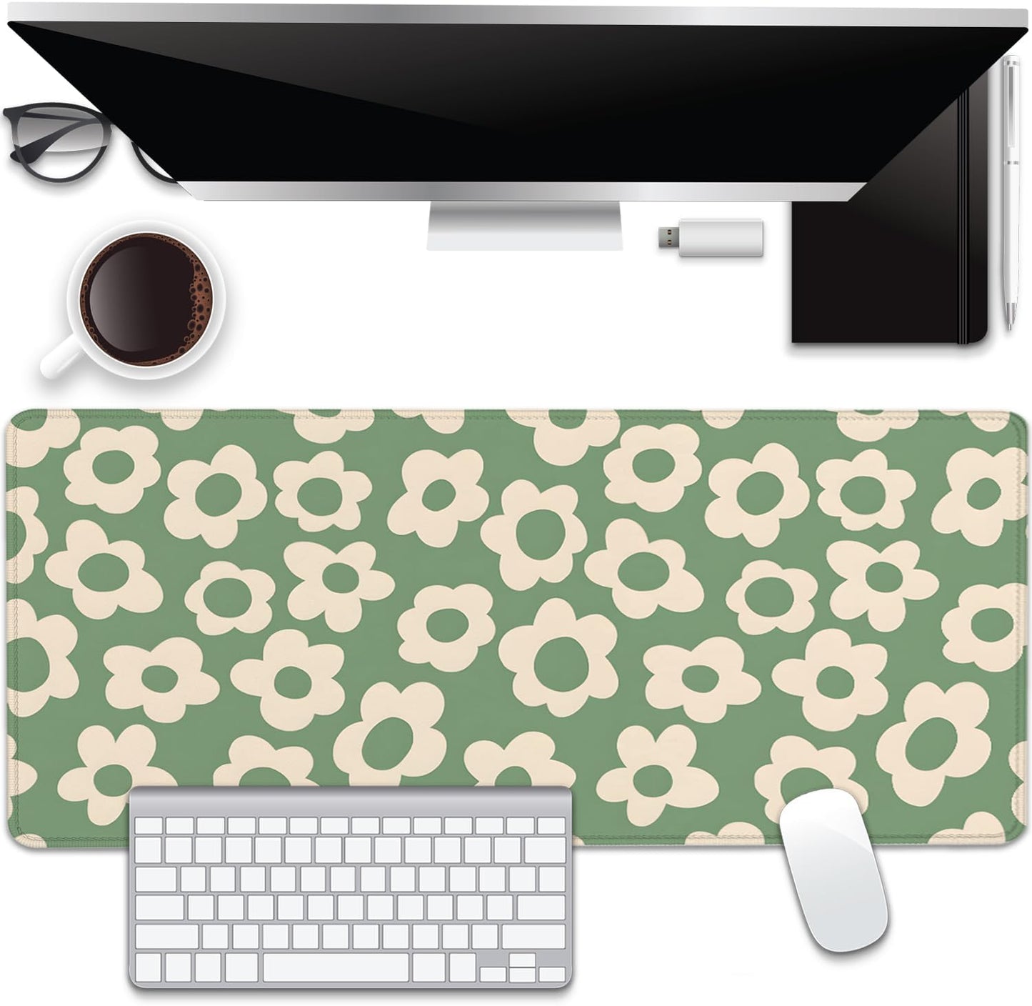 Green Daisy Flowers Desk Pad Mouse Pad,Large Daisies Floral Mouse Mat with Stitched Edges,Non-Slip Rubber Base Mousepad for Office PC Keyboard Laptop and Home Work Desk Mat(27.5X11.8 in)
