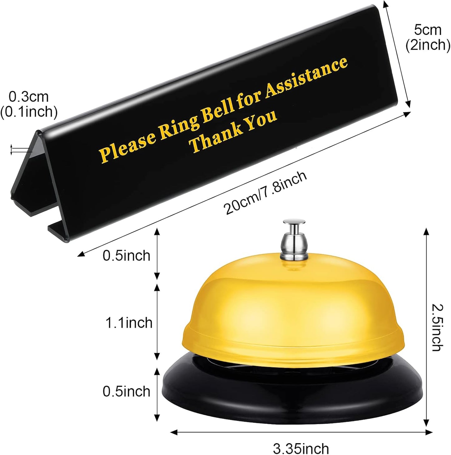 Boao Desk Service Dinner Bell Metal Silver Call Bell and Double Side No Receptionist Sign Please Ring Sign for Service Assistance for Hotel School Restaurant Reception Area(Yellow Bell)