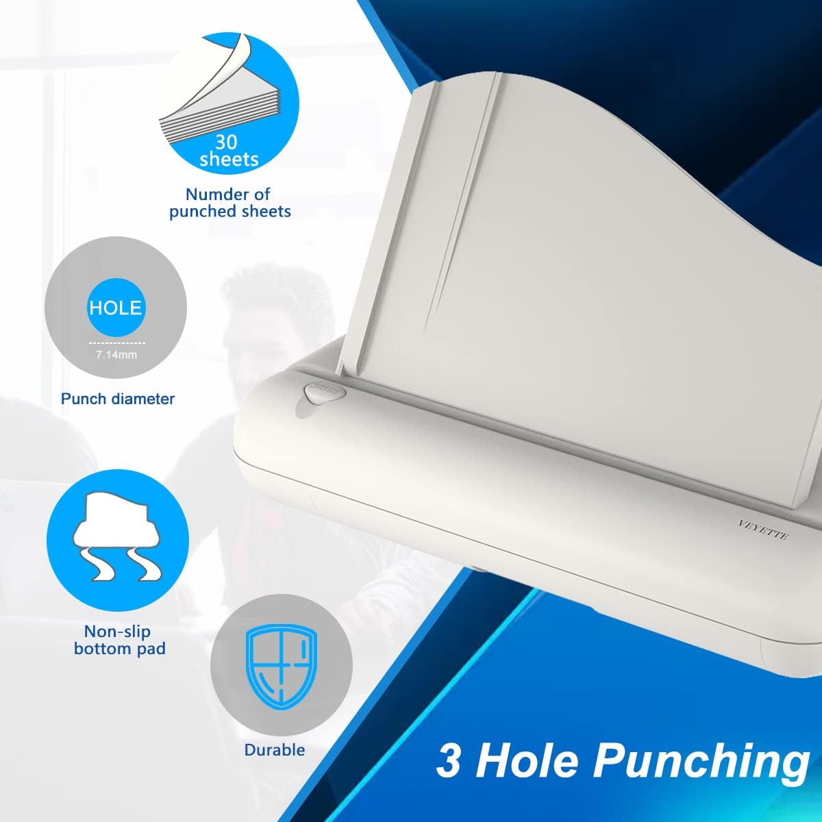 Electric 3 Hole Paper Punch, VEYETTE Heavy Duty Commercial Hole Puncher with Adapter for Office School Studio, 30 Sheet Capacity,Color Gray