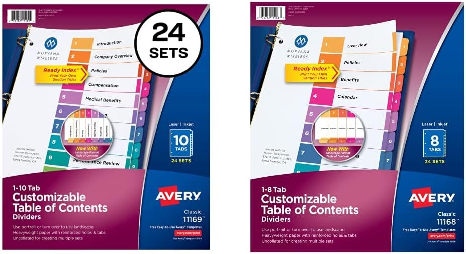 Avery 10-Tab Dividers for 3 Ring Binders, Customizable Table of Contents, Multicolor Tabs, 24 Sets (11169) & 8-Tab Dividers for 3 Ring Binders, Customizable Table of Contents, Multicolor Tabs