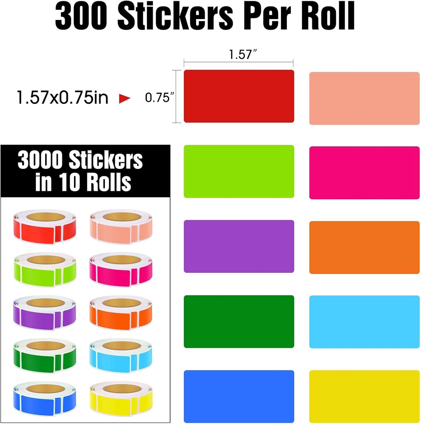 3000 PCS 10 Rolls Rectangular Color Coding Stickers 1.57 x 0.75 Inch Self-Adhesive Color Coding Label 10 Assorted Colors for Inventory and Home Organize, File Classification