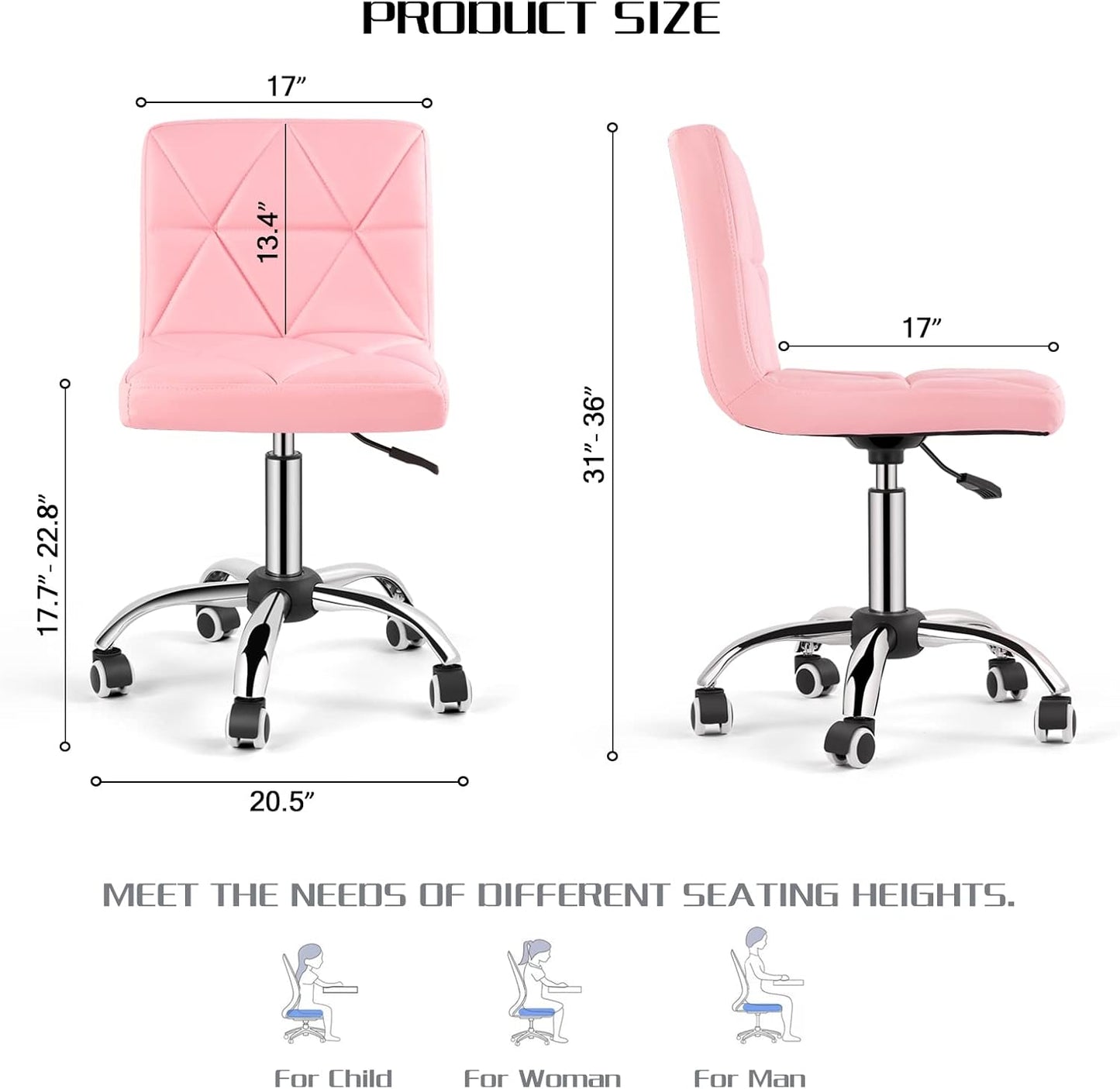 COSVALVE Armless Desk Chair, Mid Back Swivel Office Chair, Adjustable Task Chair with Rolling Wheels and Diamond Pattern, for Home Computer Barber, Pink
