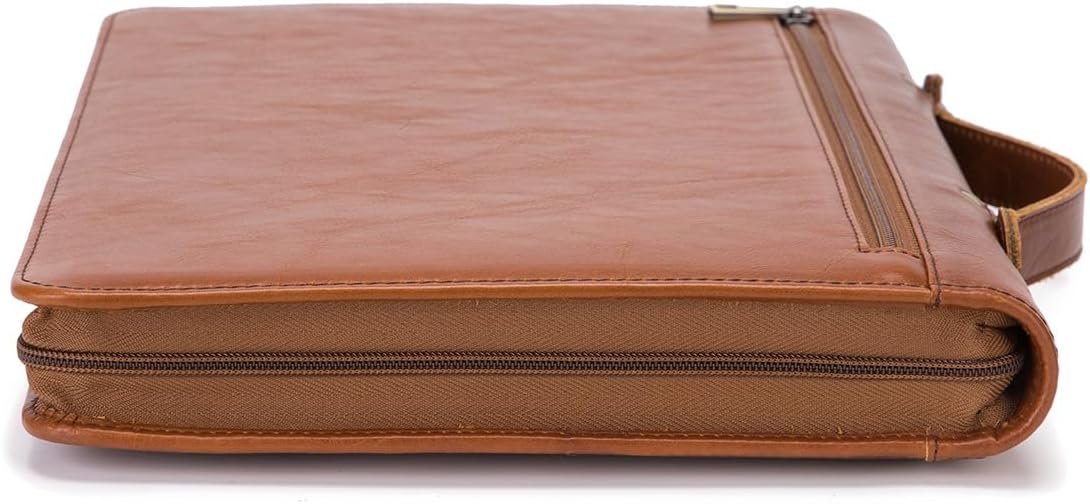 Genuine Leather Portfolio with Hidden Handle, Zippered Front Pocket, Business Padfolio for Men and Women, 8.5 x 11 Legal Pad Notebook Holder, Office Letter Notepad Folio, Oil Tanned