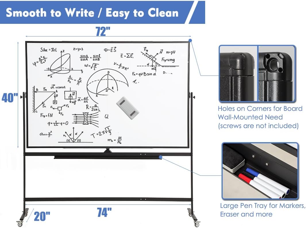 FORTUNO Large Magnetic Mobile Whiteboard 72"x40", Rolling Double Sided Stand Whiteboard on Wheels, Reversible Adjustable Height/Angle Dry Erase Board Easel White Board for Office Classroom, Black
