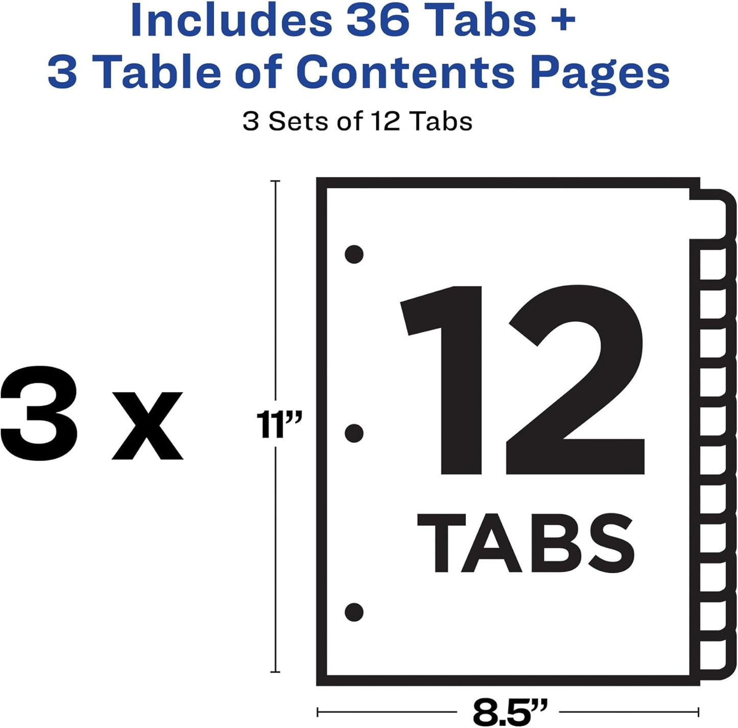 Avery Dividers for 3 Ring Binders, 12 Tabs per Set, Customizable Table of Contents, Multicolor Tabs, Great for Organizing Reports, Projects, and More (3 Sets of 11073)