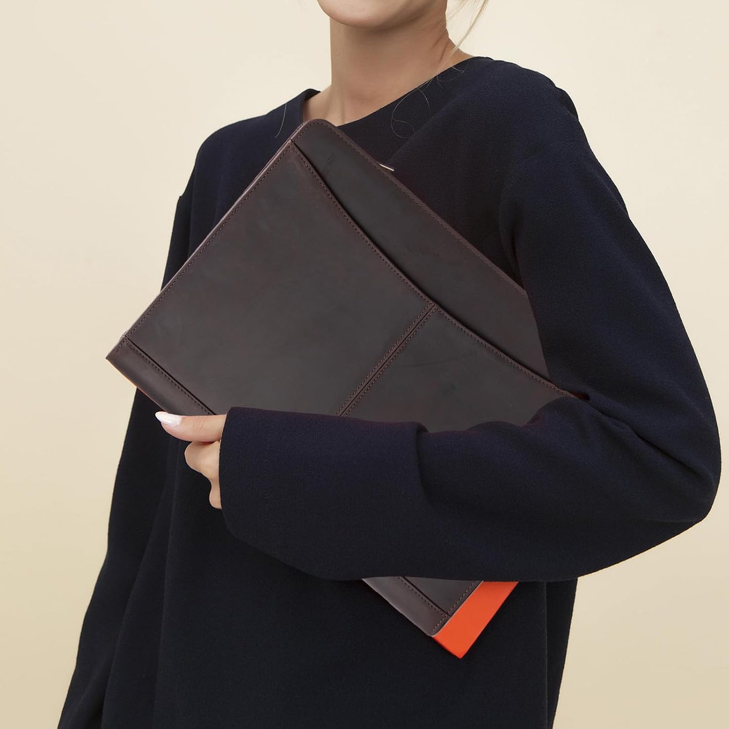 Genuine Leather Portfolio with Front Pocket for Men and Women, Zippered Padfolio Binder 8.5 x 11 Legal Pad Notebook Holder, Fits 13” Laptop, Professional Work File Case, Dark Brown