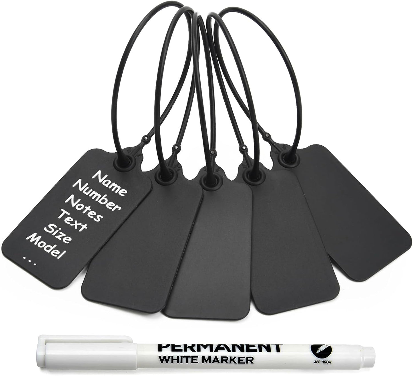 50 Black Blank Plastic Tags for Labeling Waterproof Hanging Labels Writable Tags Seal Plastic Marking Label for Clothes Bags Keys Inventory with One Marker Pen