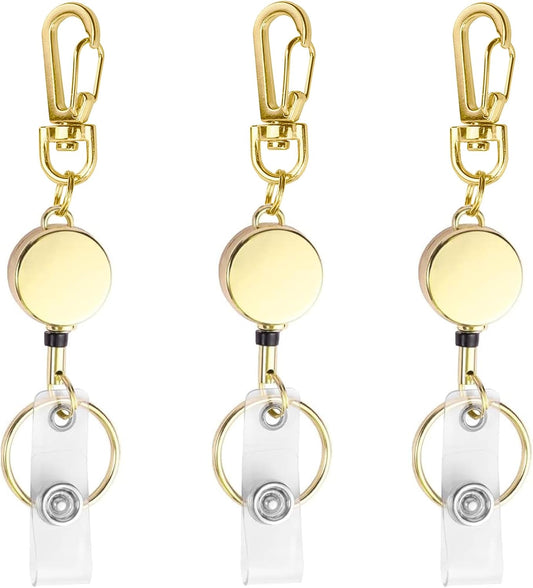 bolimoss 3 Pack Retractable Badge Reel Metal ID Badge Holder with Belt Clip Key Ring for Name Card Keychain for Nurse,Volunteer,Teacher,Student (Gold)