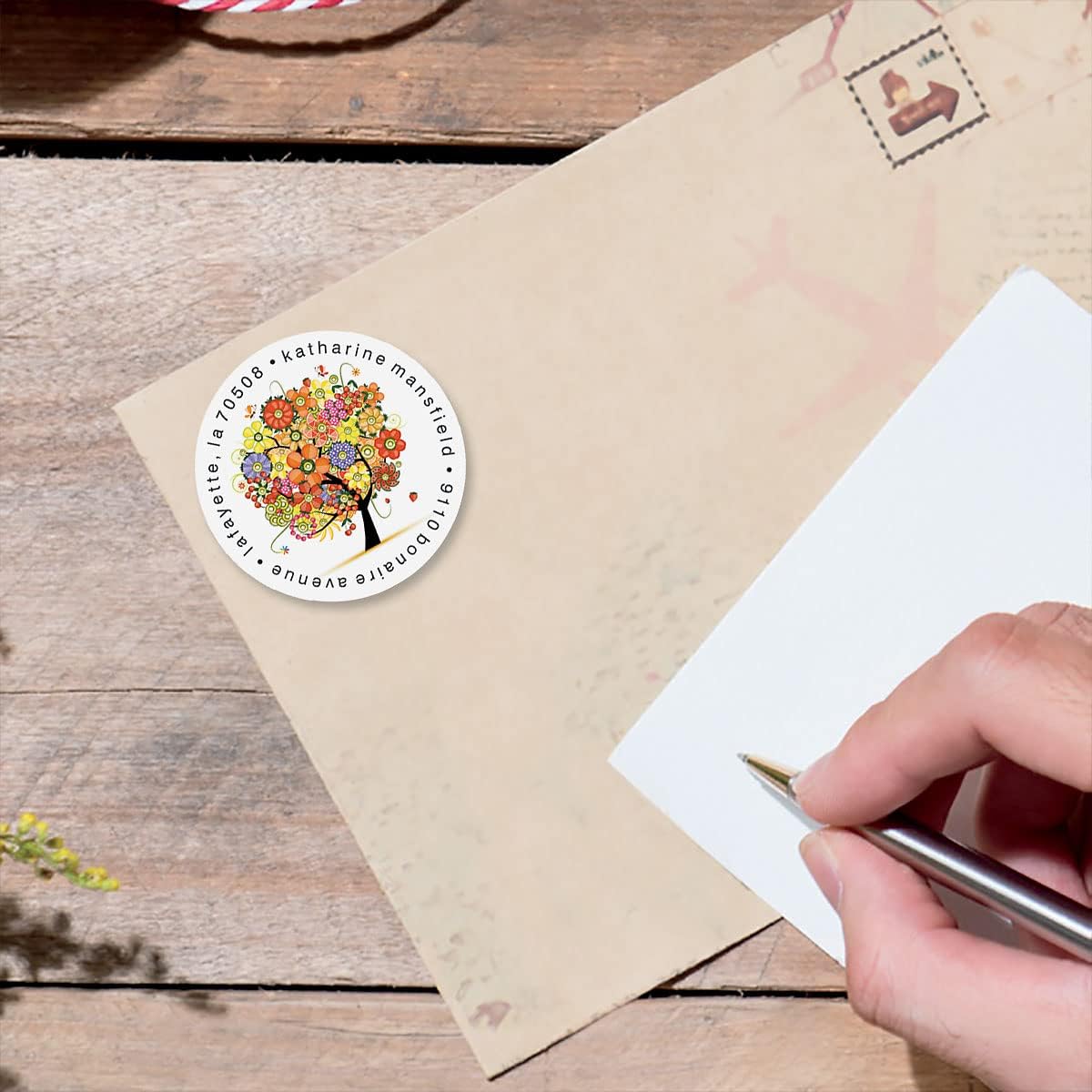 Colorful Images Blooming Tree Floral Return Address Mailing Labels, Personalize with Name & Address, Set of 144 Self Adhesive, Easy Peel Flat Label Sheets, Round, 1 Design