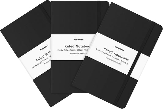Huhuhero Lined Notebook Journal, 120Gsm Thick Paper College Ruled Journal, Hardcover Notebooks for Work School Note Taking, Office School Supplies 5"×8.25" (3, Black)
